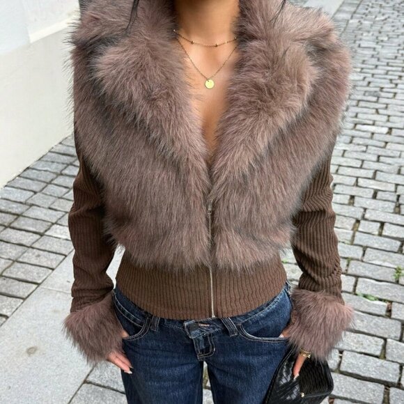 Brown Casual Women's Faux Fur Zipper Long Sleeve sweater top - Picture 3 of 6